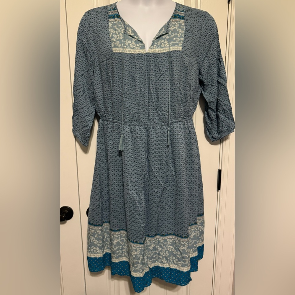 NWT Old Navy Blue Peasant Dress w/ Elastic Waist , Tie Neck & 3/4 Sleeves Sz 1X